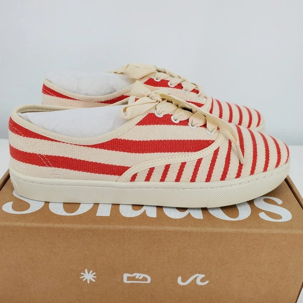 Soludos Marin Stripe Canvas Sneaker Womens 7.5 Poppy Red Cream Lace Up Round Toe